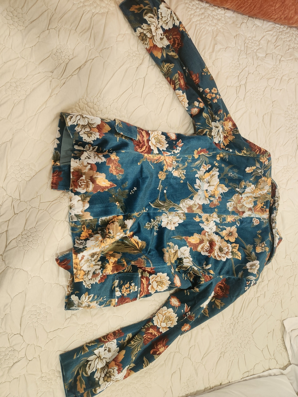 Futario Floral Velvet Tailored Blazer Jacket - Teal - Picture 7 of 14